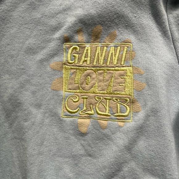 GANNI Light Blue Yellow Flower Long Puff Sleeves Backless Tie Sweatshirt Size M - Picture 3 of 11